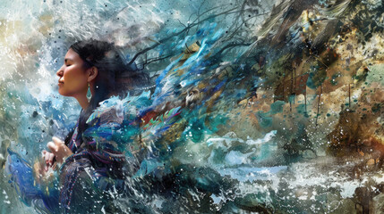 Fototapeta premium Woman Surrounded by Colorful Waves and Natural Elements in a Mystical Setting