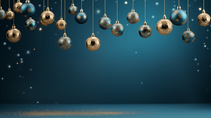 Festive Blue And Gold Christmas Baubles Hanging On Strings With Glittering Snowflakes And Stars Against A Blue Background