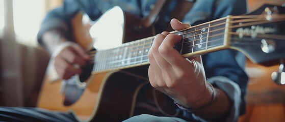 Obraz premium Close-up of a person playing an acoustic guitar, focusing on the fingers and strings, conveying a sense of music and creativity.