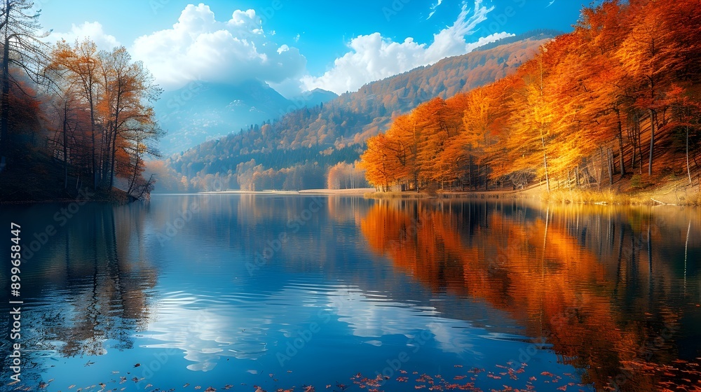 Sticker Vibrant Autumn Landscape with Mountain Lake and Reflecting Trees