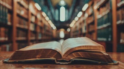 Obraz premium An open book rests on a table, inviting exploration amid the soft glow of a tranquil library filled with ancient tomes