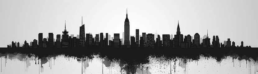 Fototapeta premium wide black and white skyscrapers building facade of high rise landmark city buildings illustration with its reflection on water front surface in white background