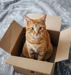 Red cat in the carton box top view