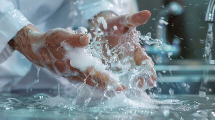 Fototapeta premium Meticulous Hygiene: Close-Up of a Doctor's Hands Being Cleansed