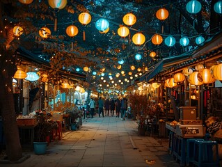 Vibrant Autumn Festival with Lanterns Stalls and Festive Atmosphere