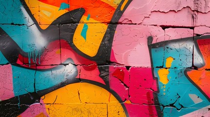 Fototapeta premium Close-up view of colorful graffiti art on a brick wall, showcasing vibrant hues and intricate street art design.