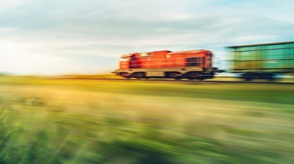 Fototapeta premium A freight train rushes past vibrant green fields, blurring into the background as it travels through the tranquil landscape during early evening
