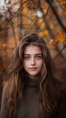A young woman with flowing hair gazes thoughtfully in a serene forest