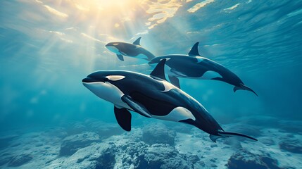 Orcas swimming in the ocean.