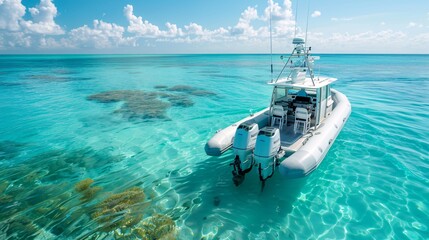 Naklejka premium White Inflatable Boat on Calm Turquoise Water.