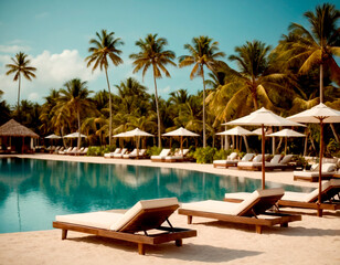 Fototapeta premium Luxurious tropical resort poolside lounge area in sunny weather