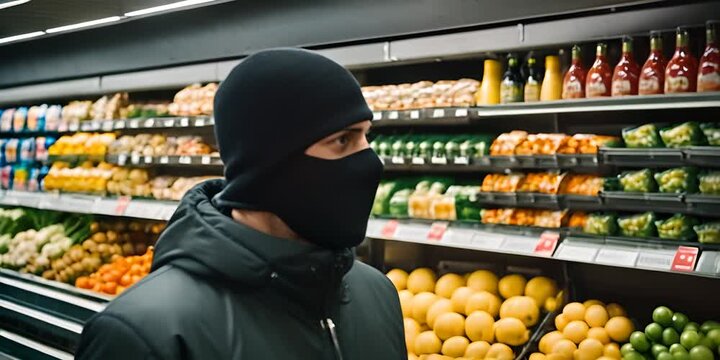 Thief wearing balaclava in supermarket.