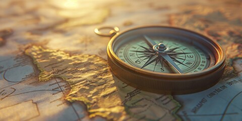 A compass placed on top of an old map, pointing towards the horizon with warm sunlight casting long shadows. Travel and navigation concept.
