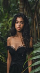 A young woman stands gracefully among vibrant green leaves, exuding natural beauty