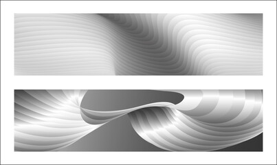 Fototapeta premium Monochrome cover design, abstract background. Wavy silver parallel gradient lines, ribbons, silk. Set of 2 backgrounds. Black and white with shades of gray banner, poster. eps vector