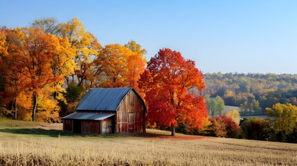 Vibrant Autumn Landscape with Rustic Barn and Colorful Foliage in Scenic Rural Countryside