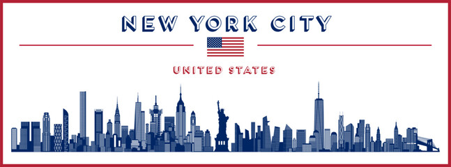 New York skyline silhouette poster in the colors of USA flag. Vector illustration © brichuas