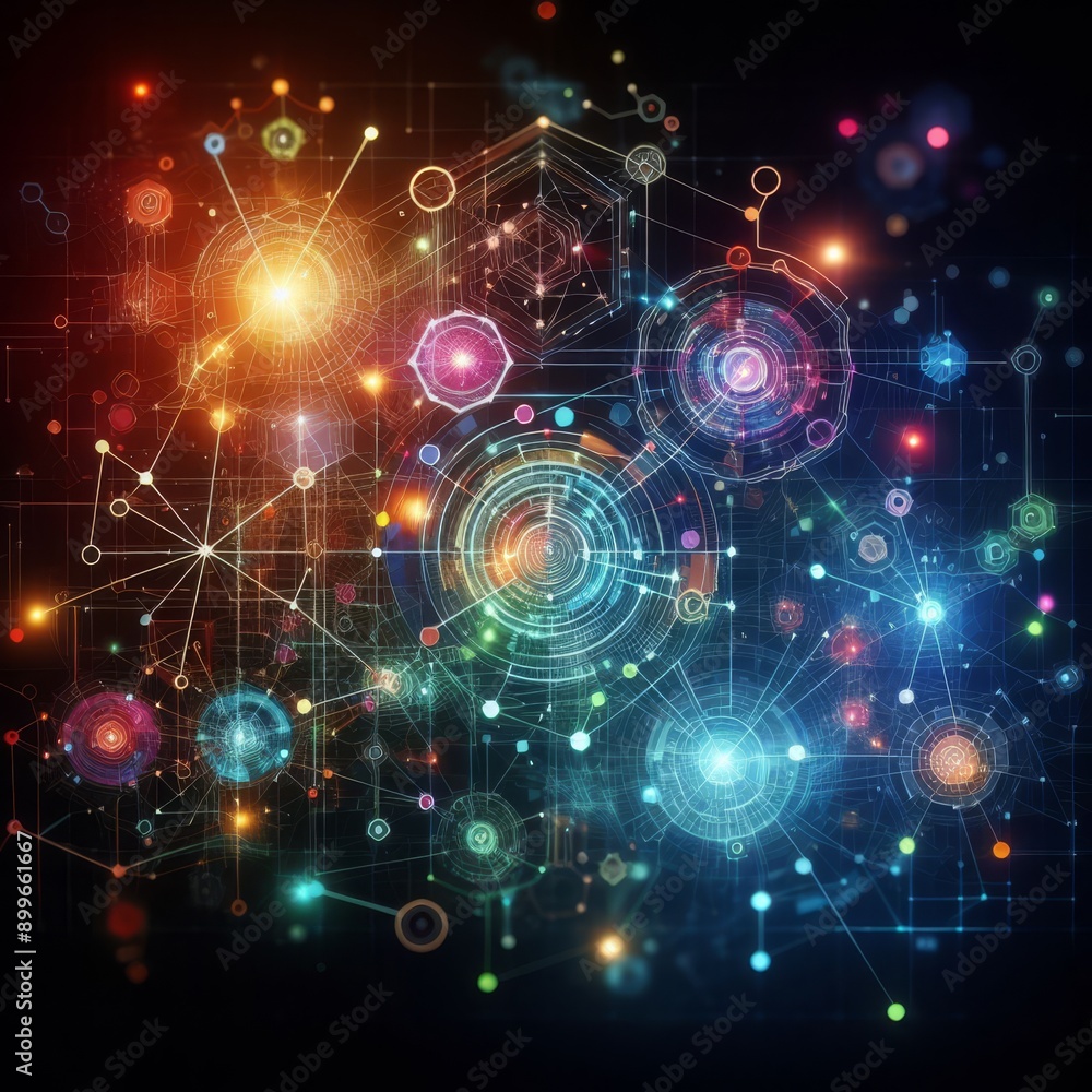 Poster a vibrant abstract illustration featuring interconnected digital nodes and colorful lights, symboliz