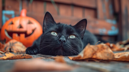 Black cat lying on autumn leaves with a carved pumpkin in the background, concept of Halloween and cozy fall