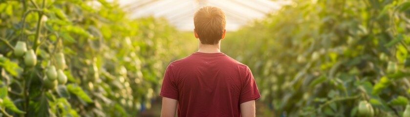 A young man explores a lush greenhouse filled with vibrant plants, enjoying the serenity and beauty of nature.