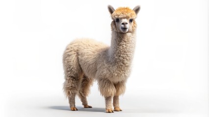 Obraz premium Adorable fuzzy alpaca with soft fur and gentle eyes stands upright on transparent background, showcasing its unique charm.