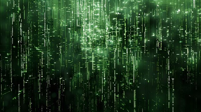 This image captures a digital matrix of streaming green code, representing data and information flowing in a virtual space, symbolizing technology and connectivity.