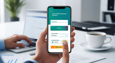 Hand Young business man uses Smartphone screen showing a secure mobile payment interface, The screen should display fields for entering payment details