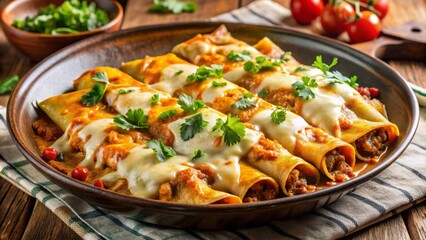 A steaming plate of richly flavored enchiladas smothered in melted cheese and tender chunks of seasoned meat.