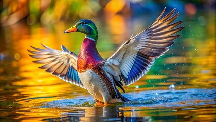 Obraz premium Vibrant duck stands in shallow water, spreading colorful wings, sending ripples through serene aquatic environment with joyful, energetic splash.