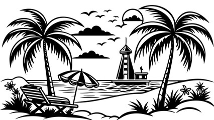 create a summer vibes sea shore silhouette  vector illustration