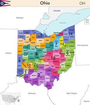 Ohio state map with counties borders and colored congressional districts boundaries due to The 2020 United States census and which is valid since 2023. Flag of Ohio. Vector