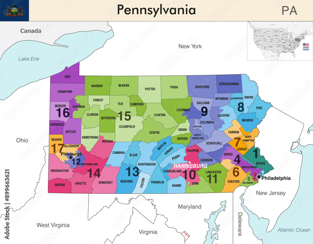 Wall mural Pennsylvania state map with counties borders and colored congressional districts boundaries due to The 2020 United States census and which is valid since 2023. Flag of Pennsylvania. Vector