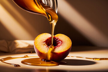 Half a Peach Drenched in Golden Honey. Tempting and Juicy Delicacy Illuminated by Warm Light, Perfect for Sensual and Culinary Themes