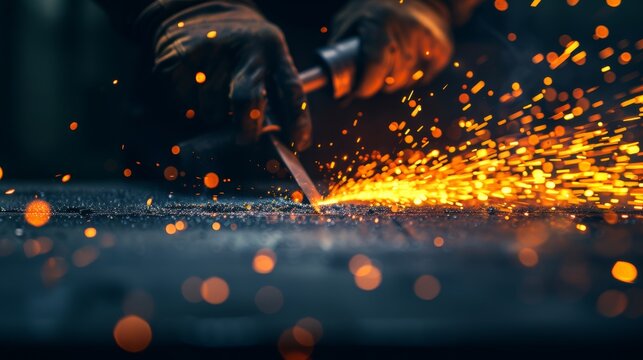 Close-up of a craftsman working with metal, sparks flying, showcasing the artistry and skill in metalwork and craftsmanship.