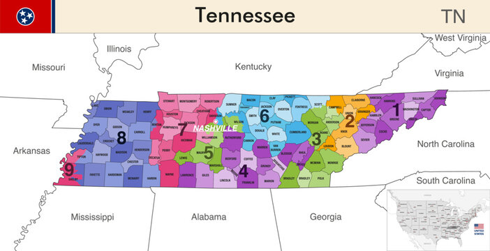 Tennessee state map with counties borders and colored congressional districts boundaries due to The 2020 United States census and which is valid since 2023. Flag of Tennessee. Vector