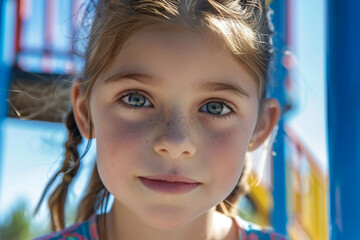 Obraz premium Excited happy children playing outdoors alone with friends mom dad family, urban city town modern playground, Generative AI