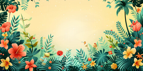 Obraz premium Vibrant tropical garden with orange and red flowers in bloom with copy space