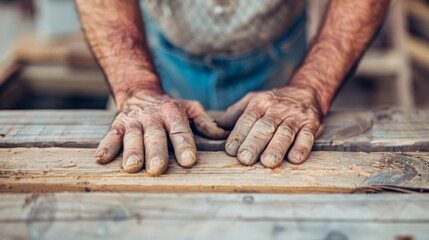 Close-up of weathered hands resting on a wooden table, showcasing craftsmanship and dedication in woodworking.