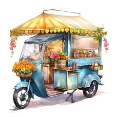 Cute rickshaw decorate to be the mobile flower shop in watercolor style