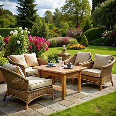 beautiful wicker furniture, table and chairs in garden