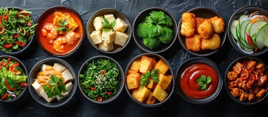 Assortment of Appetizers in Bowls on Black Background