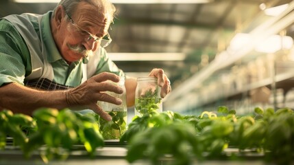 Obraz premium Elderly man carefully tending to plants in greenhouse, showcasing passion for gardening and sustainable agriculture.