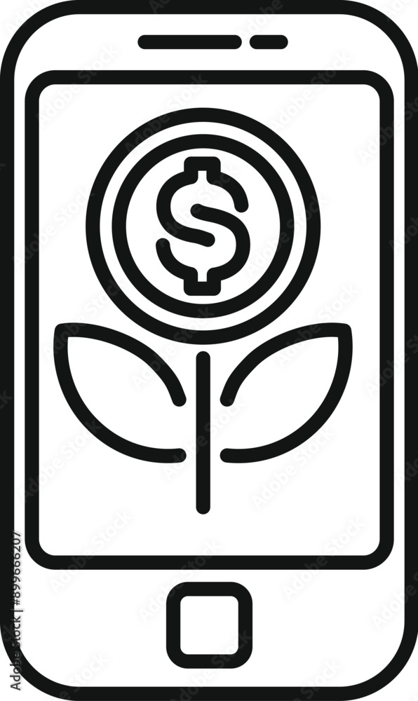 Poster simple line icon of a smartphone showing a flower with dollar coin instead of petals, representing t