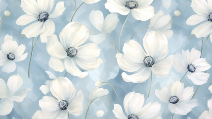 A seamless pattern of white anemones on a pale blue background, seamless patterns, background, wallpaper.