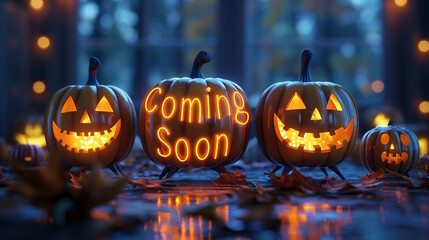Coming soon text carved into Halloween pumpkins with festive lights, concept of Halloween announcement