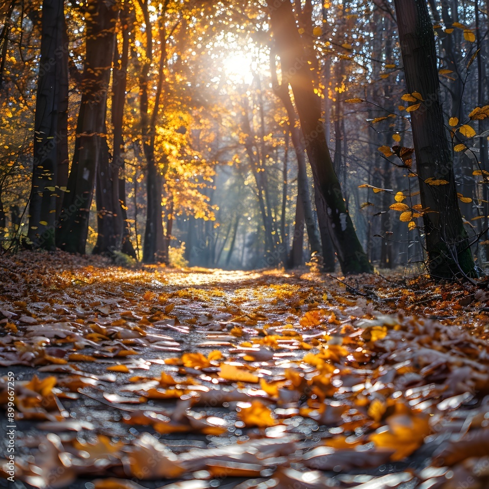 Poster autumn forest path covered in fallen leaves with sunlight filtering through trees