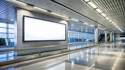 Obraz premium Large commercial advertisement display screen mounted high above vacant airport terminal walkway with modern architecture and sleek flooring visible.