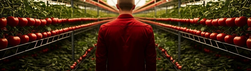 Fototapeta premium Person observes lush tomato plants in a greenhouse, showcasing vibrant colors and healthy foliage for agricultural innovation.