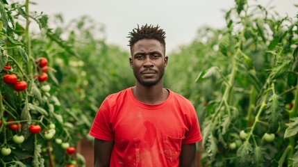 Portrait of a farmer in a tomato field, showcasing dedication to agriculture and sustainable farming practices.