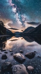 A majestic lake reflects the sparkling stars and mountains at dusk